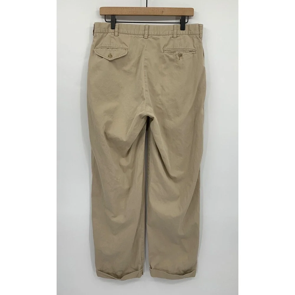 Vintage Polo Ralph Lauren Pants Mens 34x32 Tan Khaki Pleated Cuffed Cotton